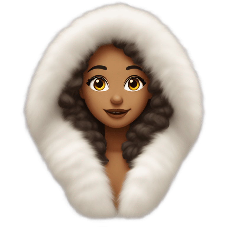 Tanned Girl with lashes ,  in an extremely big fluffy oversized white fur coat with hood on. The fur is real and it’s very obvious big and fluffy like in Pinterest  emoji