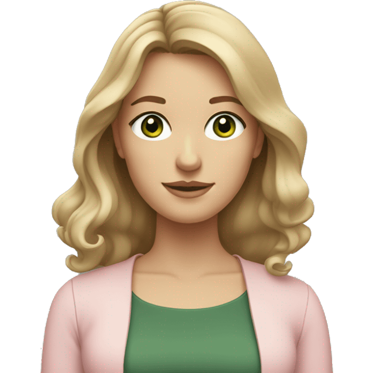 A young women with shoulder length slightly wavy dark blonde hair, dark green eyes wearing a light pink blouse  emoji