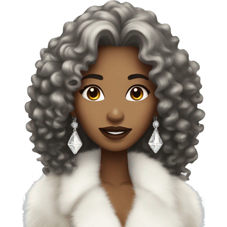 elegant light brown woman with diamonds long black curly hair  and white fur coat emoji