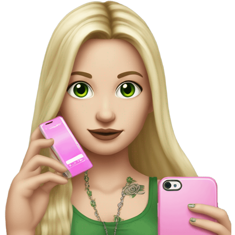 Realistic White girl with Long straight blonde hair, green eyes, tattoos, full body wearing white crop top, holding pink phone emoji