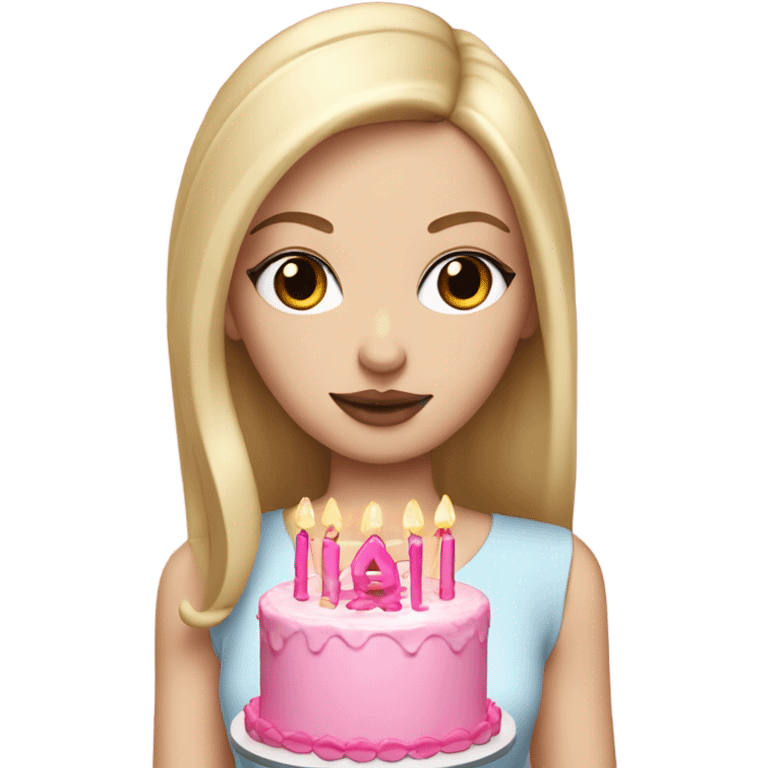 White girl with blonde straight hair, pink lips, dark eyes, white and pink birthday cake in hands emoji