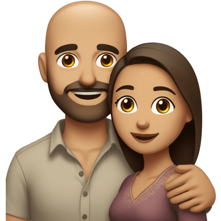 Brown-haired Puerto Rican woman with dark brown eyes wearing a cute blouse giving comforting hug to short, bald man with brown eyes, laugh lines, and a beard emoji