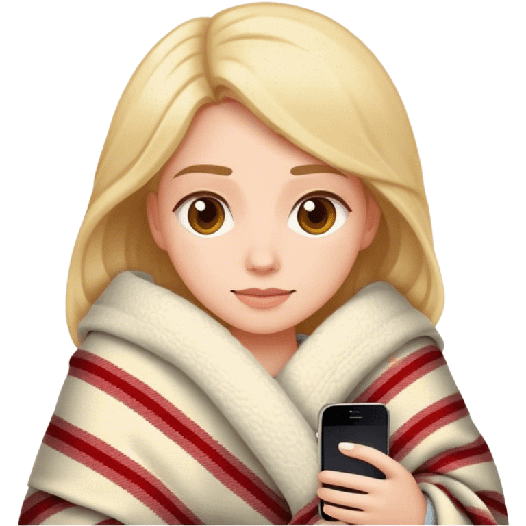 realistic woman in cozy blanket with iPhone, iPhone style emoji emoji