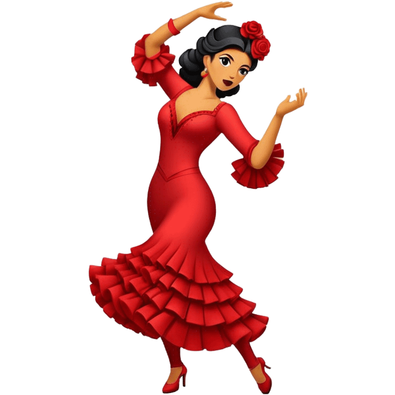 Cinematic Realistic Flamenco Dance Emoji, depicted as a passionate expressive flamenco performance with dramatic costumes and dynamic fiery movements, rendered with vibrant textures and bold energetic lighting that captures its intense rhythm. emoji