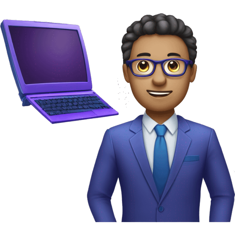 Développeur web  intelligent avec des cheveux qui porte des lunettes avec un pc dans les mains. Il porte un maillot bleu et violet sur lequel est écrit : Nocode Afrique emoji