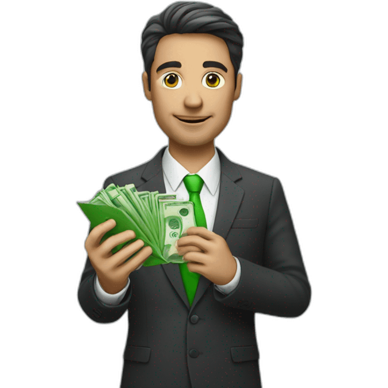 A businessman holding an iPhone with a green screen in one hand and a pack of money in the other hand emoji