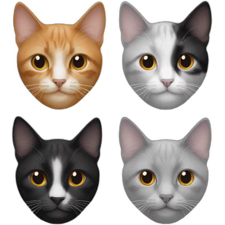 four cats, one black, one black and wthite, one ginger and one grey and white emoji