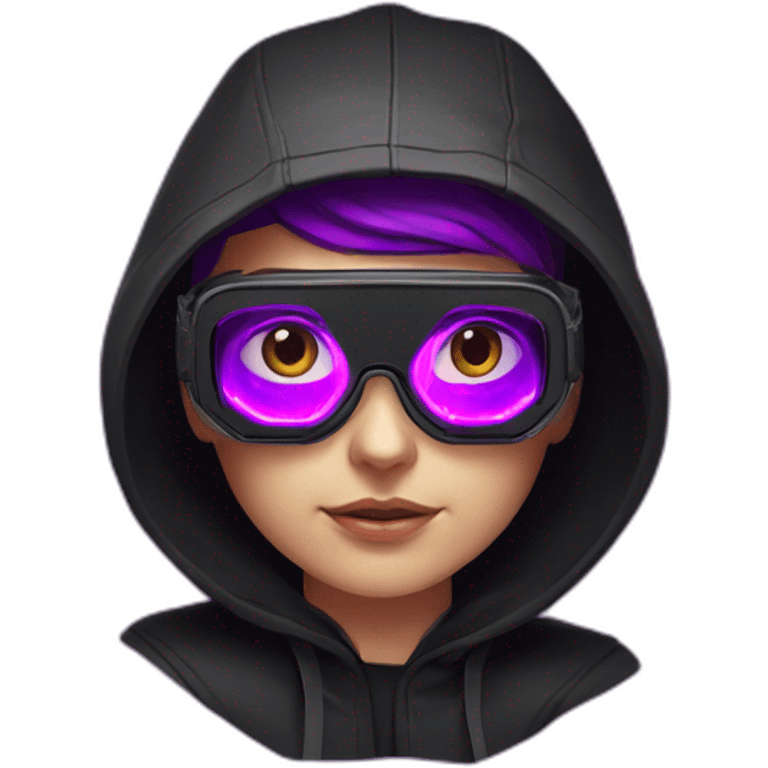 Russian student wearing black hoody with violet letters "OMG", in vr headset. Cyberpunk style. Violet neon. emoji