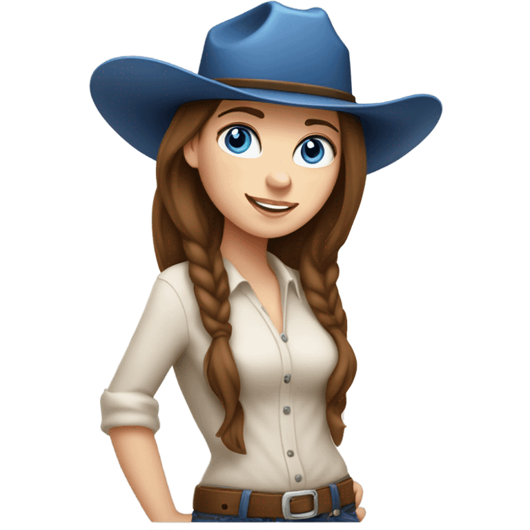 very white girl, with freckles, blue eyes, straight long and brunette hair, riding a cow with a cowgirl hat emoji