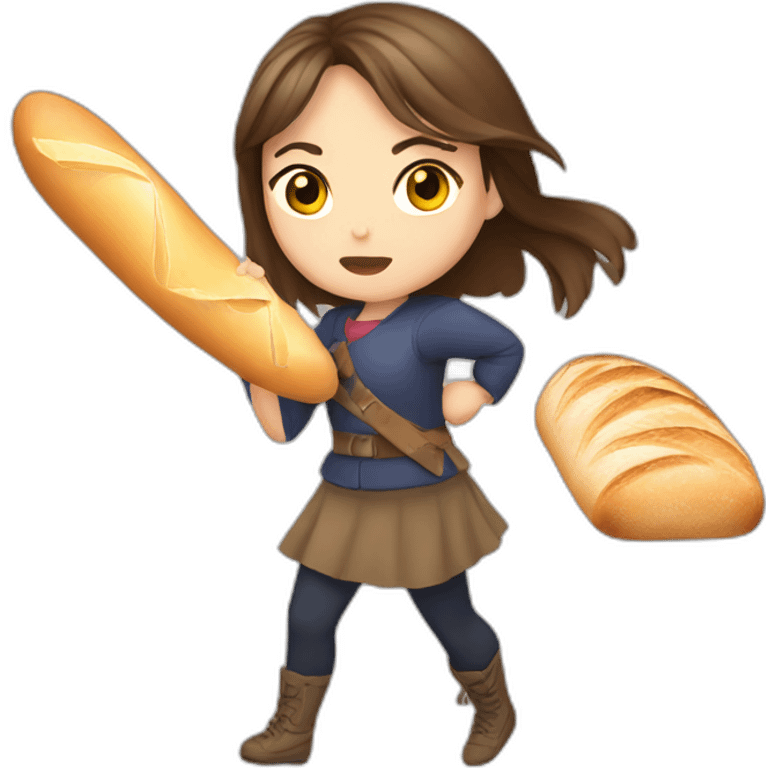 Brown hair girl fighting with baguette emoji