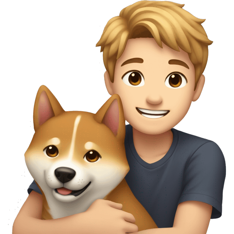 Light brown hairs boy with brown eyes and wide brows 12 years smiling and hugging with dog shiba inu  emoji