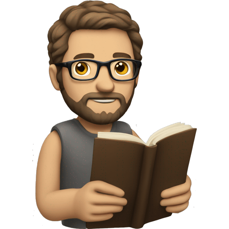 Caucasian man reading book. Brown hair, glasses, and a beard emoji