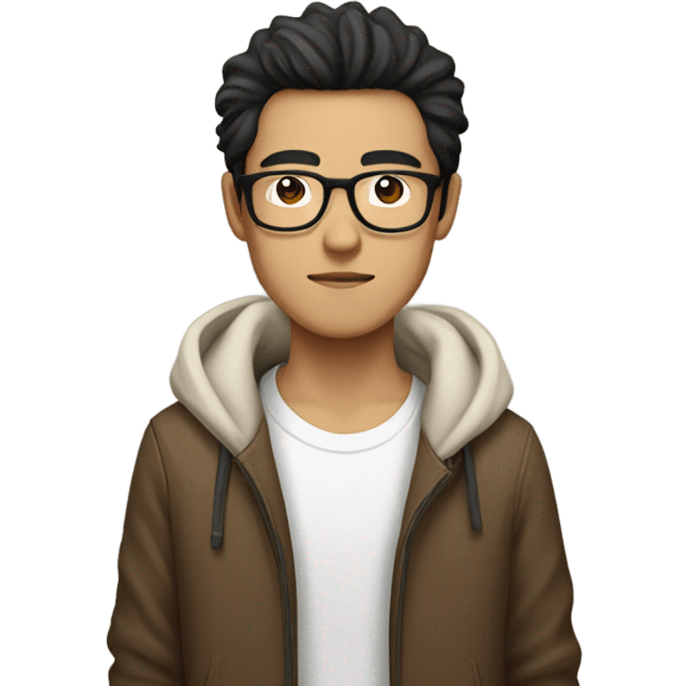 Skinny Asian man, Dark fluffy hair with middle part , round glasses , white tshirt with brown jacket emoji