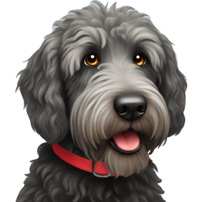 Black scruffy old labradoodle with a red collar emoji