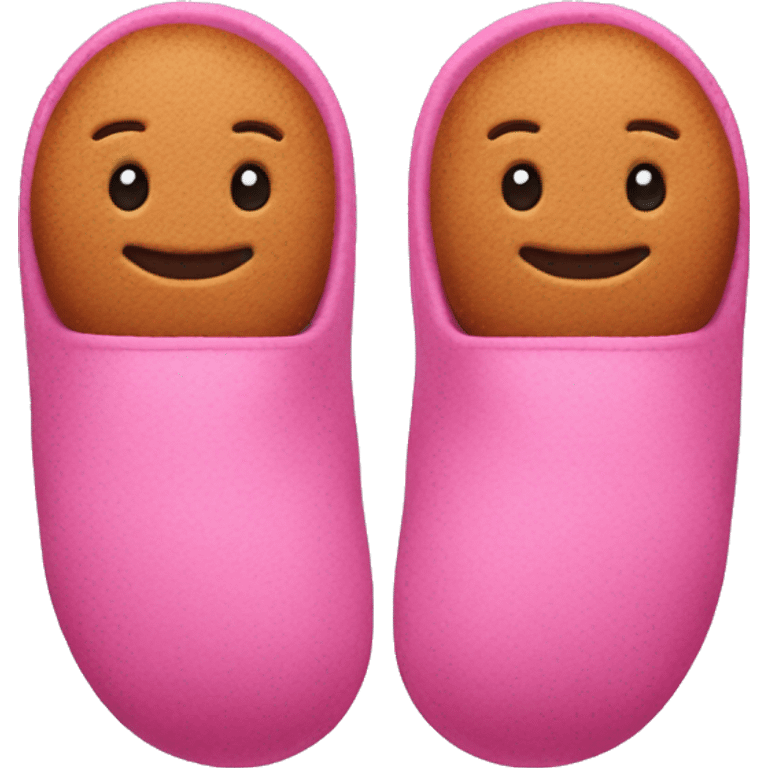 Slippers with pink get and a ginger bread man in them emoji