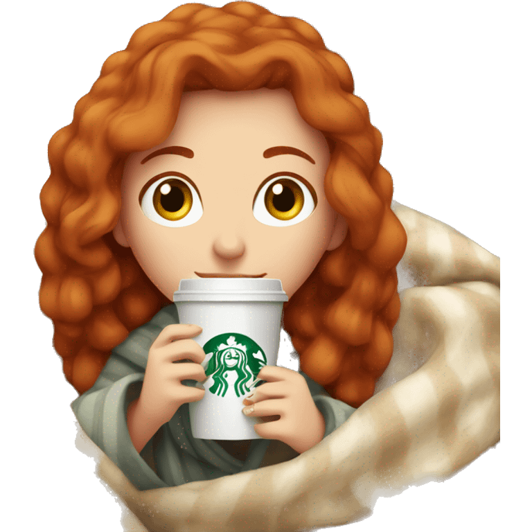 Redhead girl in cozy blanket drinking Starbucks emoji