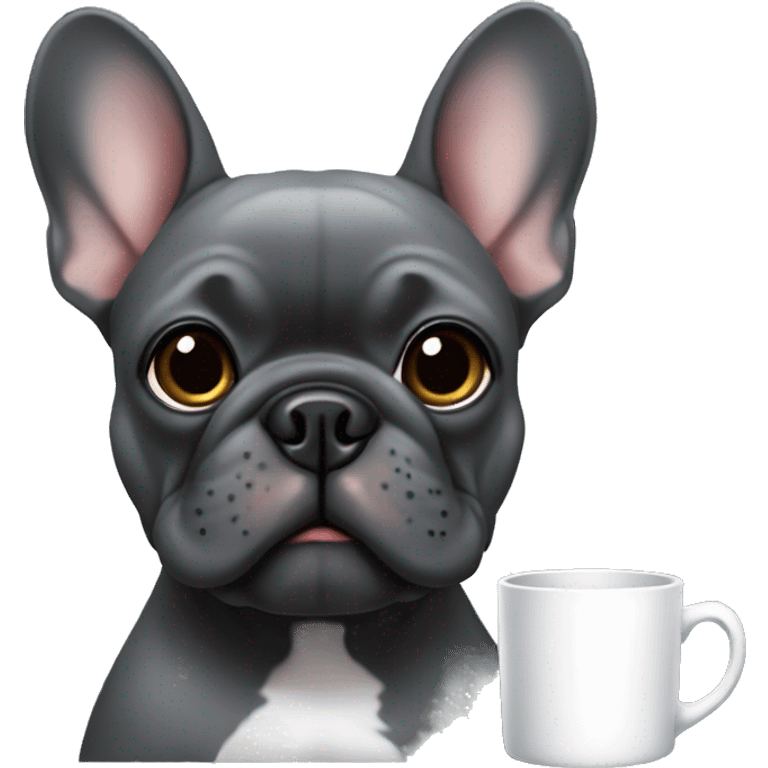 dark grey french bulldog holding a mug emoji