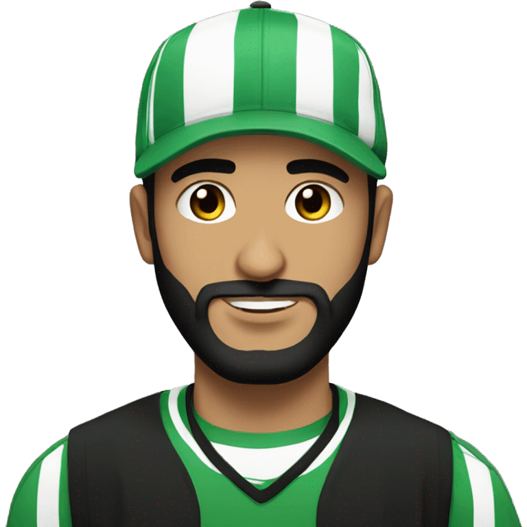 Arab guy with a black snapback and black beard, wearing a green and white striped football kit, DJing emoji