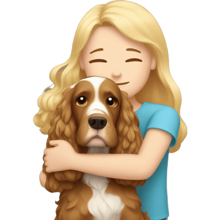 Brown hair Girl hugs an Blonde Boy with golden cocker spaniel  emoji