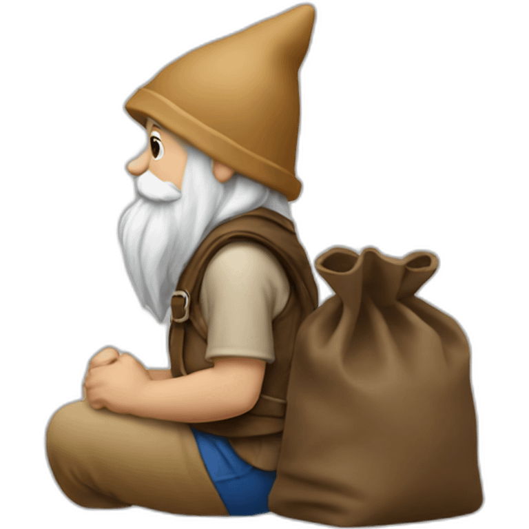 side view of gnome with light tan pants sitting above a small dark brown bag emoji