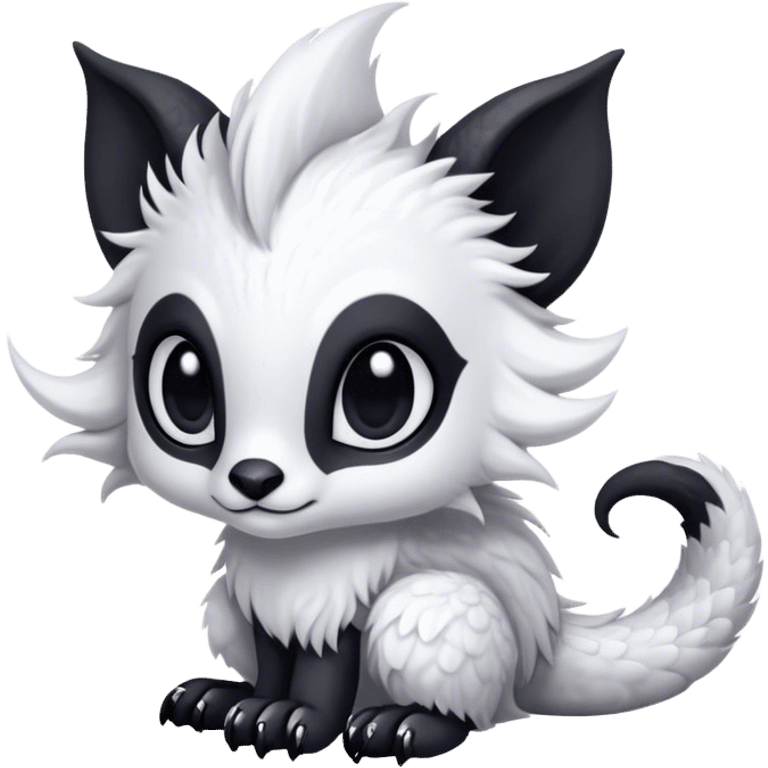 Fantasy-fantasy creature, black ears, no Scapha, black long scaly tail, big eyes, black eyes, white fur, black claws, cute, adorable emoji