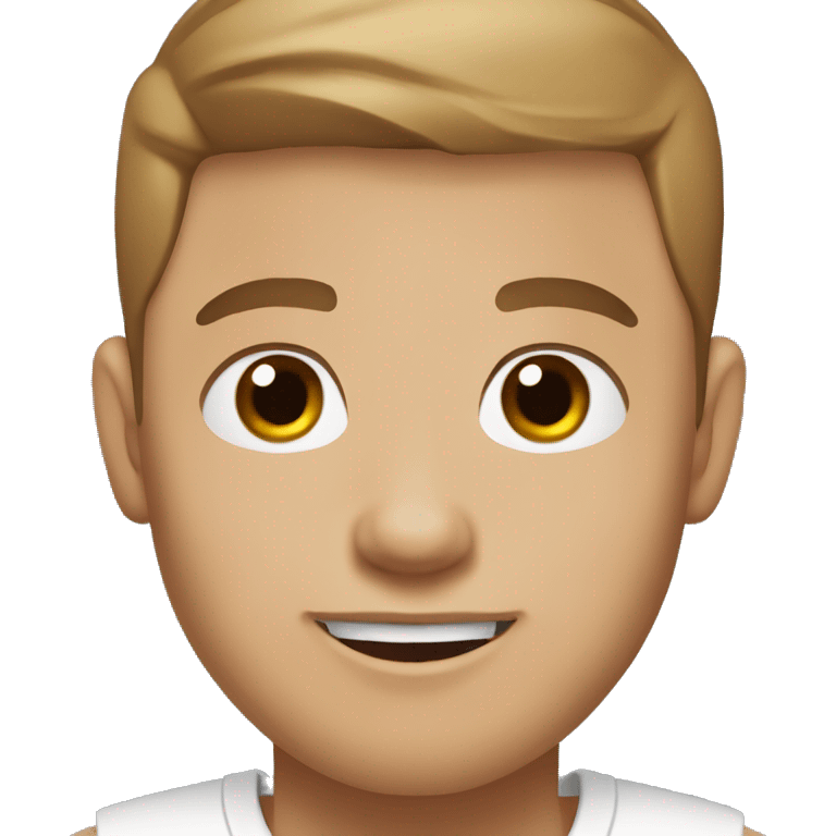 A guy with blue eyes, light skin, shaved brown hair under 0.5, white T-shirt,  silver earring piercing with cross on left ear. emoji