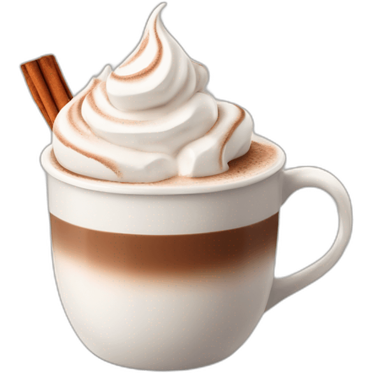 white mug of hot chocolate with whipped cream and cinnamon emoji