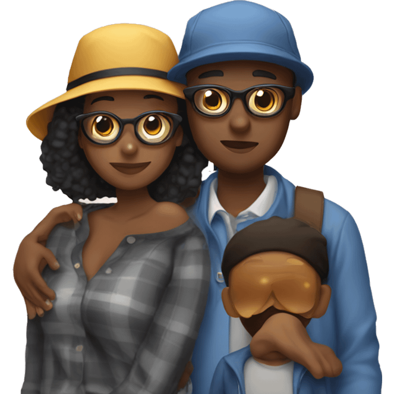 Black couple kissing guy with bucket hat and eye glasses  emoji