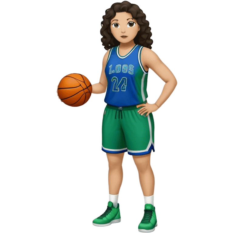 full body plus size light skin latino women basketball player with wavy dark hair large wide nose wearing blue with green uniform emoji