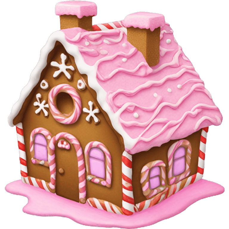 Christmas gingerbread house with pink frosting emoji