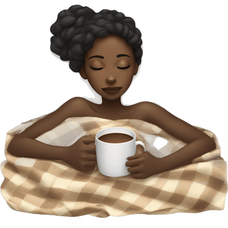 Black girl inside a blanket sipping coffee eyes closed emoji