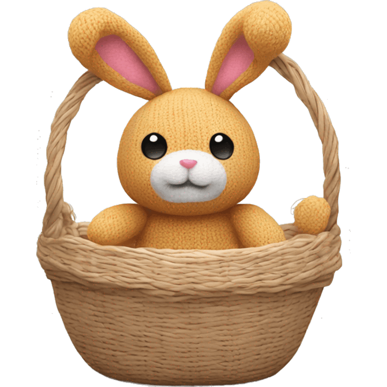 cute plush knitted bunny toy sitting in the basket emoji