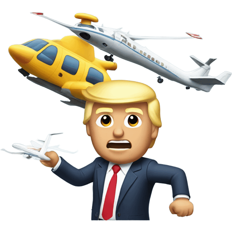 Donald trump by himself holding an airplane in one hand and a helicopter in the other smashing them together emoji