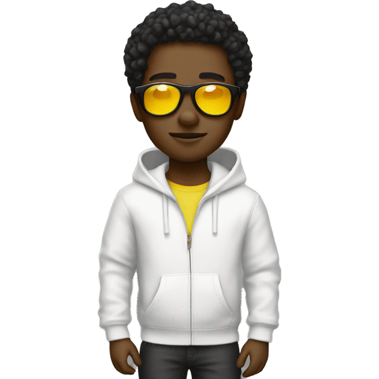 cool black boy with yellow sunglasses and white hoodie emoji