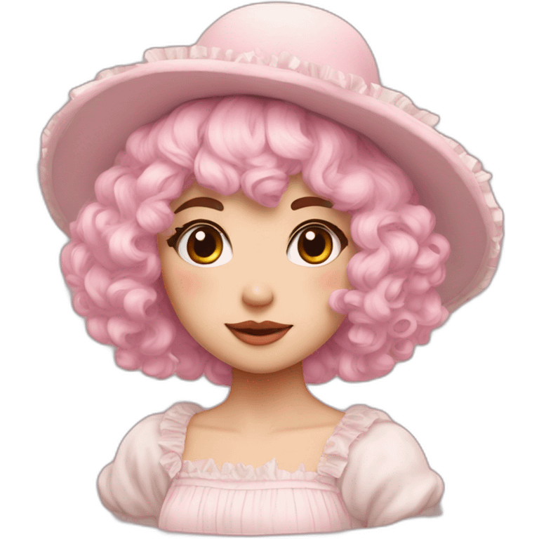 •	Pale pink hair 	•	Youthful facial features 	•	Fluffy hat with a rounded shape 	•	Dress with lots of frills emoji