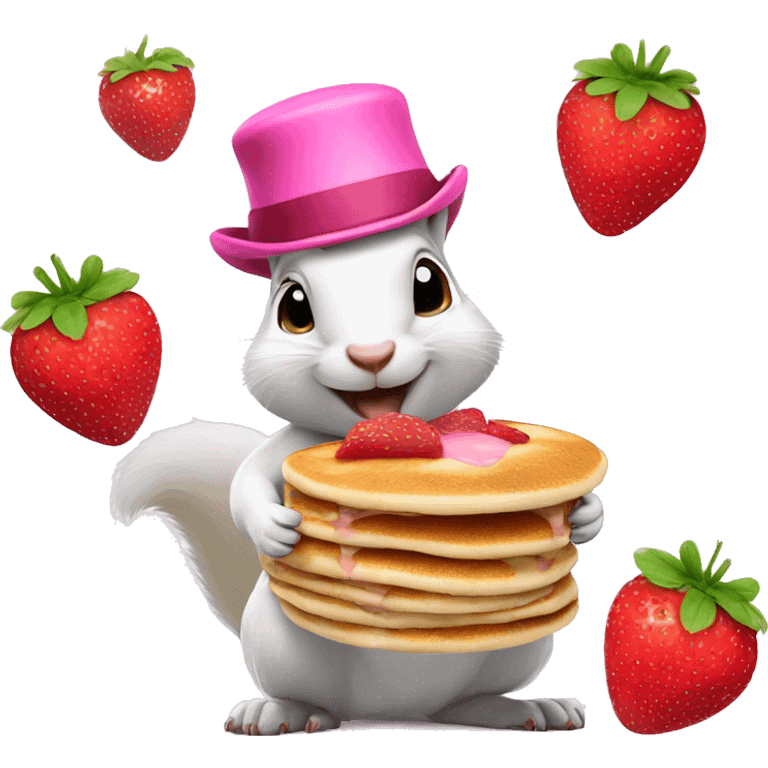 white squirrel wearing pink hat eating strawberry pancake emoji