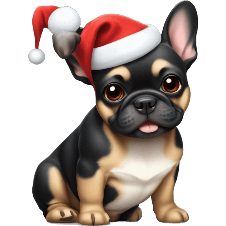 A small, black-and-tan French bulldog with a mostly black face and tan paws, wearing a classic red and white Santa hat, sitting happily with its tongue slightly out. emoji