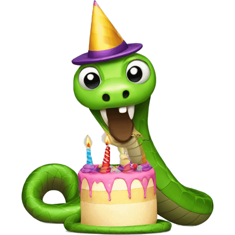 Snake with a party hat and holding a cake and he has a mustache emoji