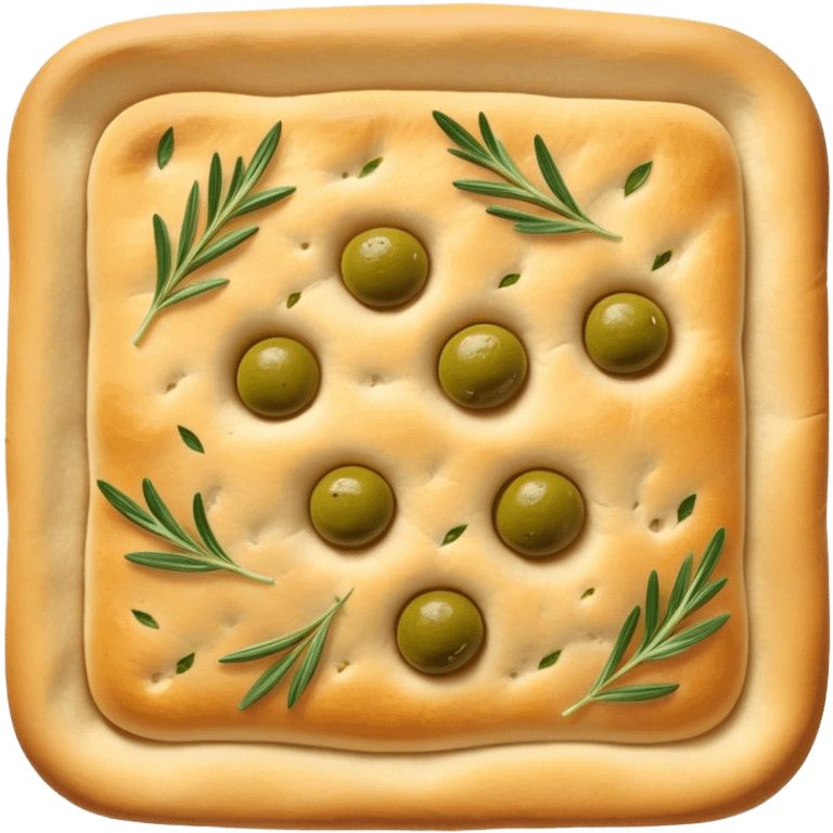 Focaccia Cinematic Realistic Focaccia Bread Dish Emoji, depicted as a golden, olive-oil brushed flatbread sprinkled with herbs, rendered with lifelike textures and warm, inviting lighting. emoji