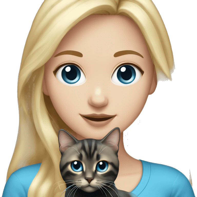 White girl, long blonde hair, blue eyes holding a black tabby cat emoji