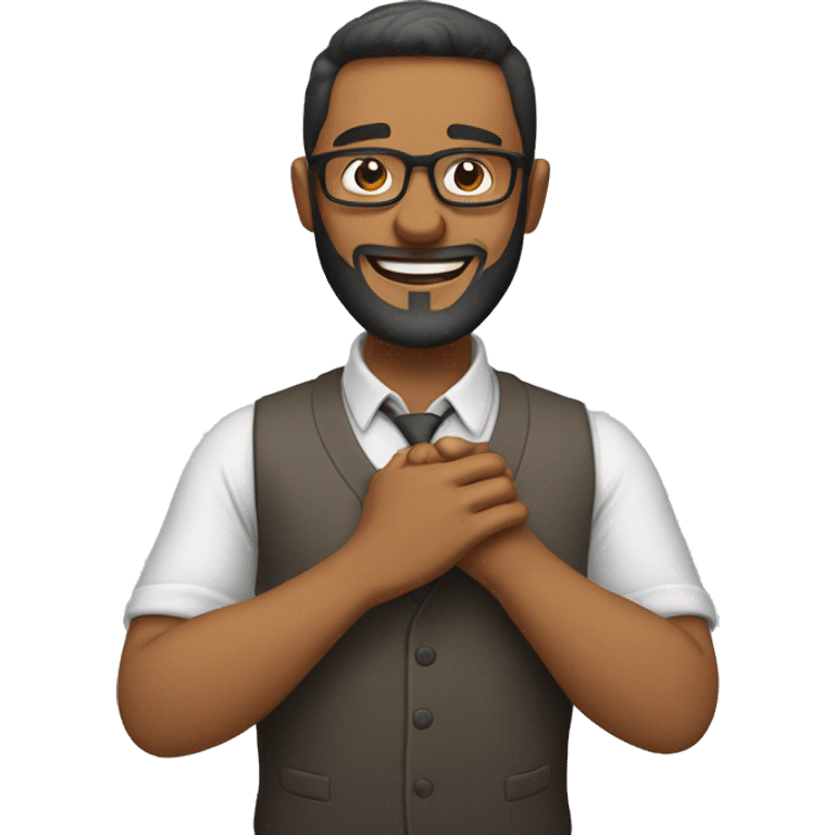 Beardless man with glasses who is rubbing his hands and smiling emoji