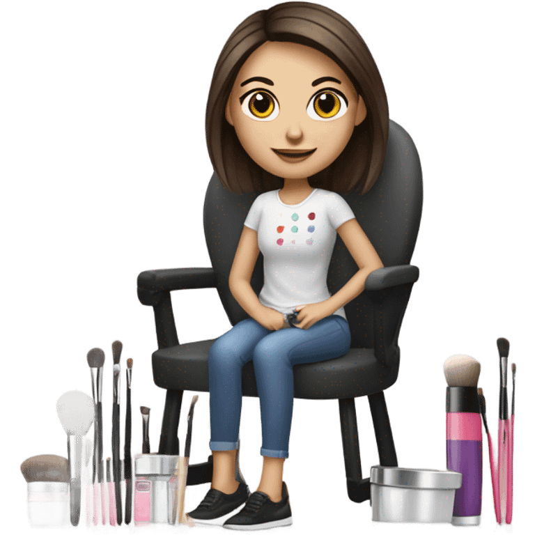 Makeup kit and brushes sitting in a chair a white brunette girl  emoji