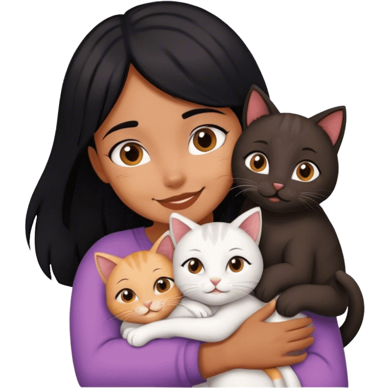 happy black haired girl hugging three cats   emoji