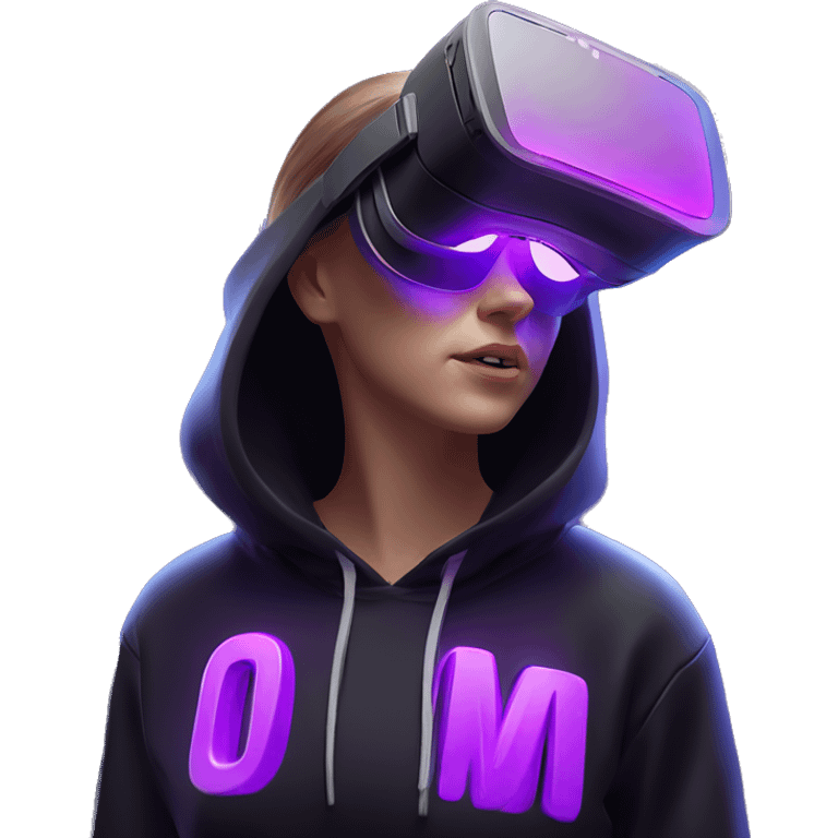 Russian girl wearing black hoody with violet letters "OMG", in vr headset oculus quest2. Standing like jedi. Cyberpunk style. Violet neon. emoji