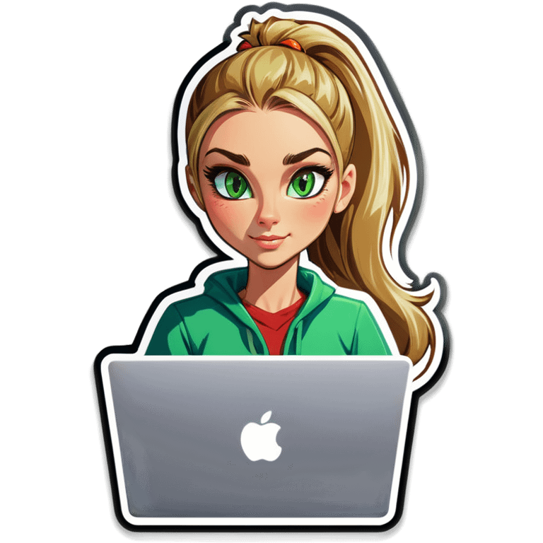 Blonde woman ponytail green eyes with cat and MacBook emoji