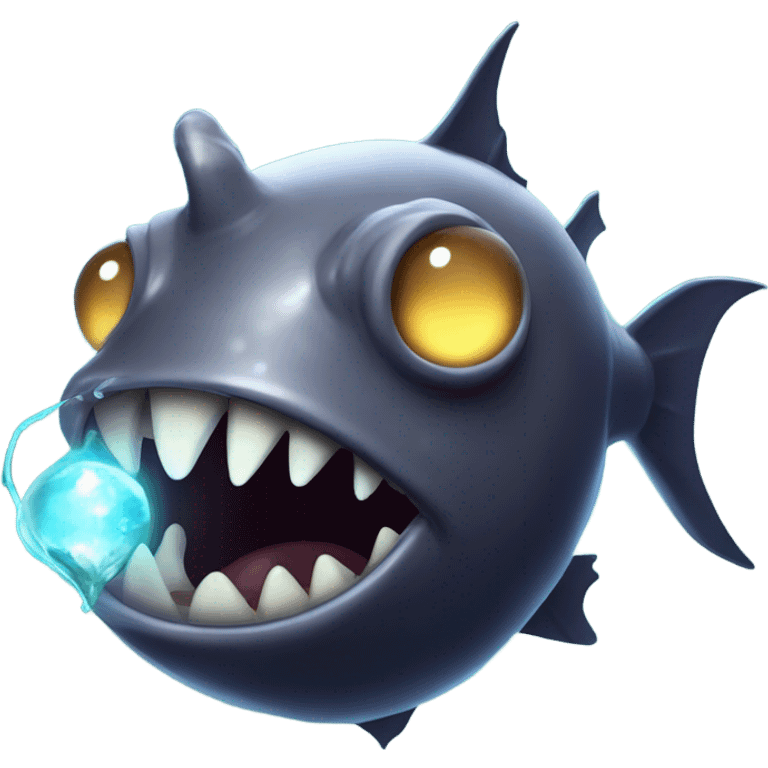 Anglerfish with a glowing lure hanging from its forehead, sharp teeth, and big eyes. emoji