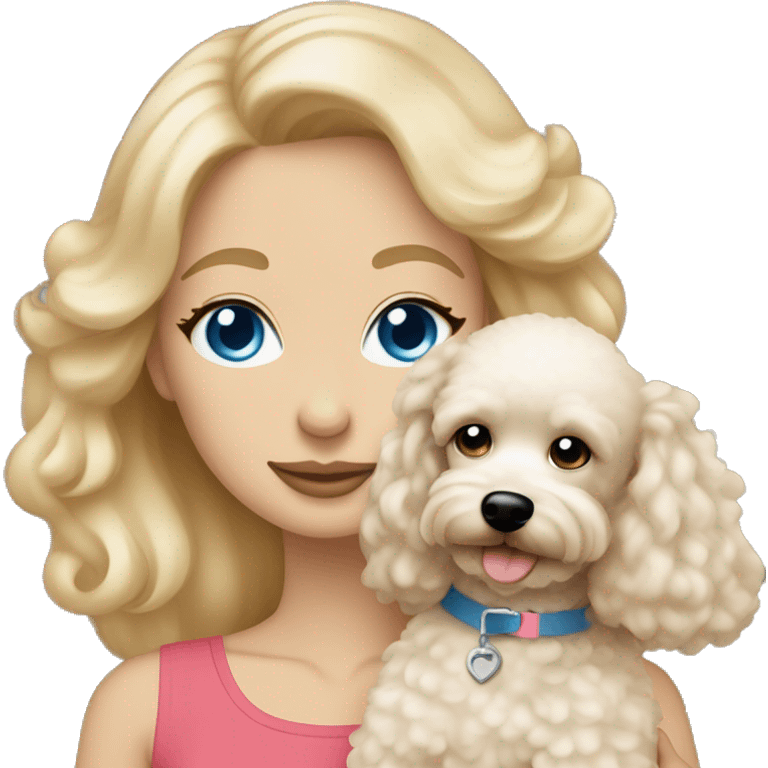 blonde woman straight hair blue eyes hugging cream colored poodle puppy emoji