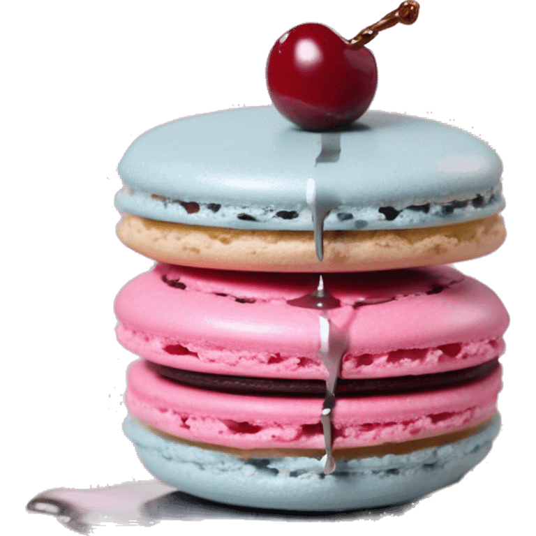 Single Realistic pastel macaron drizzled in metallic silver drip and pink cherry placed on top of the drip and cookies. emoji