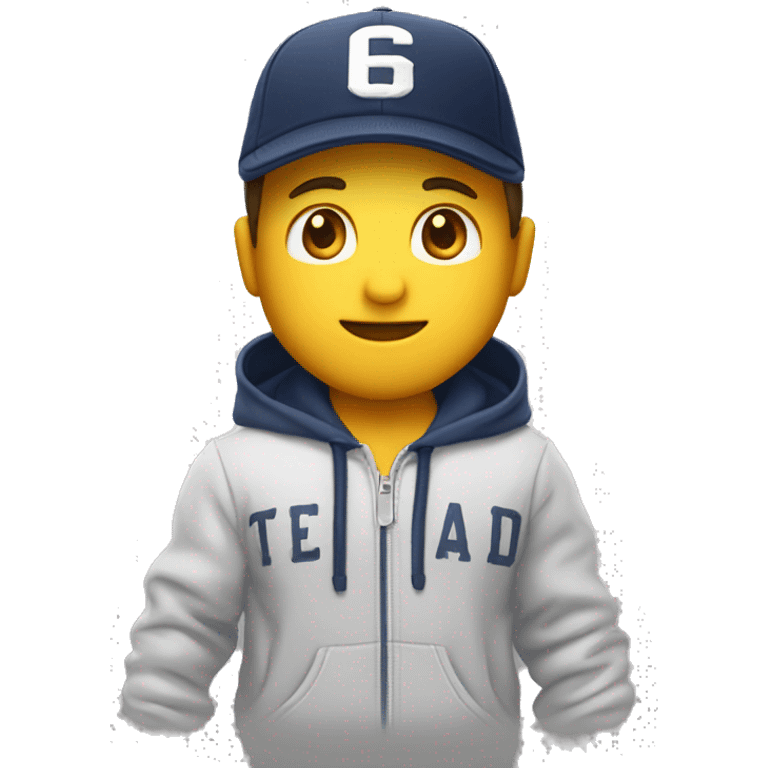 Chico blanco con gorra y con sudadera estampada con el text “gap” emoji