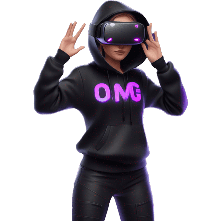 Russian girl wearing black hoody with violet letters "OMG", in vr headset oculus quest2. Standing like jedi. Cyberpunk style. Violet neon. emoji